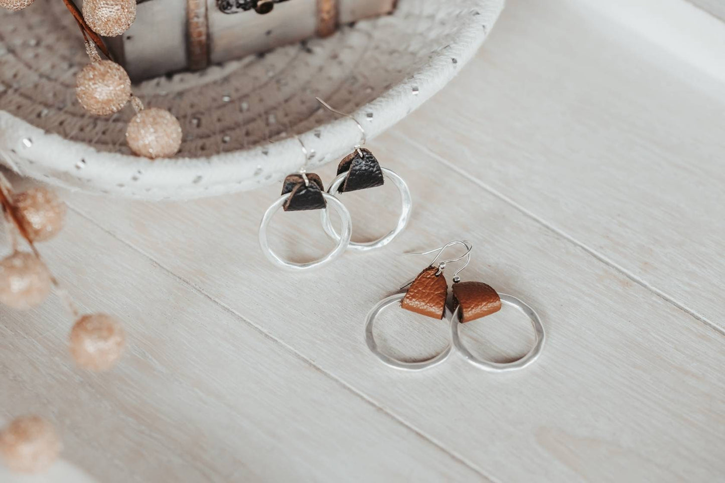 Rustic Genuine Leather hammered metal Hoop Earrings, Mother's day gift of Bohemian style earrings from son