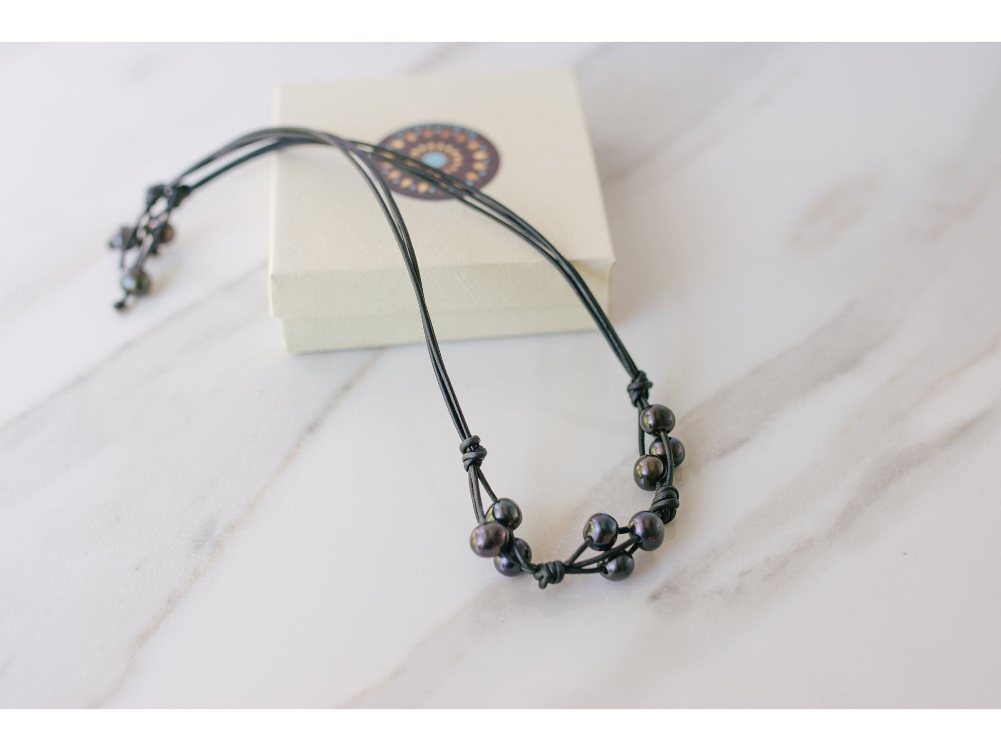 Leather and Pearl Cluster necklace, 3rd anniversary gift for wife, 3 strand knotted pearl leather necklace,