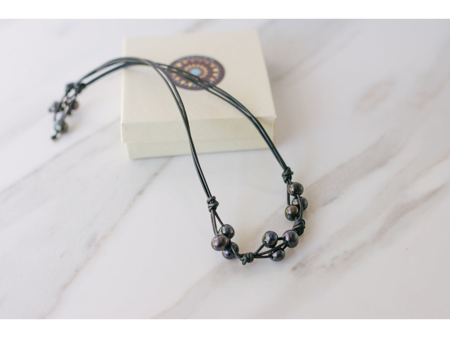 Leather and Pearl Cluster necklace, 3rd anniversary gift for wife, 3 strand knotted pearl leather necklace,