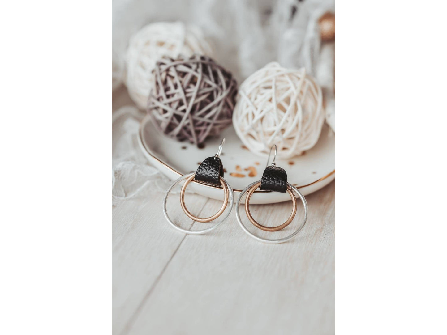 Mixed Metal leather hoop earrings