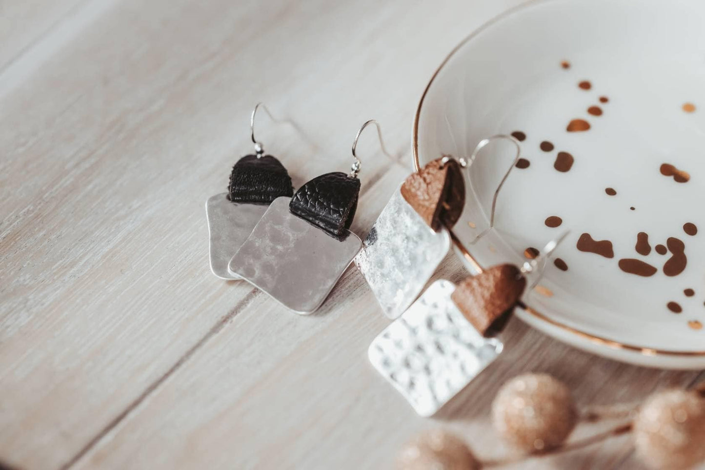 Mother's Day gift from kids, Leather strap Hammered square earrings,