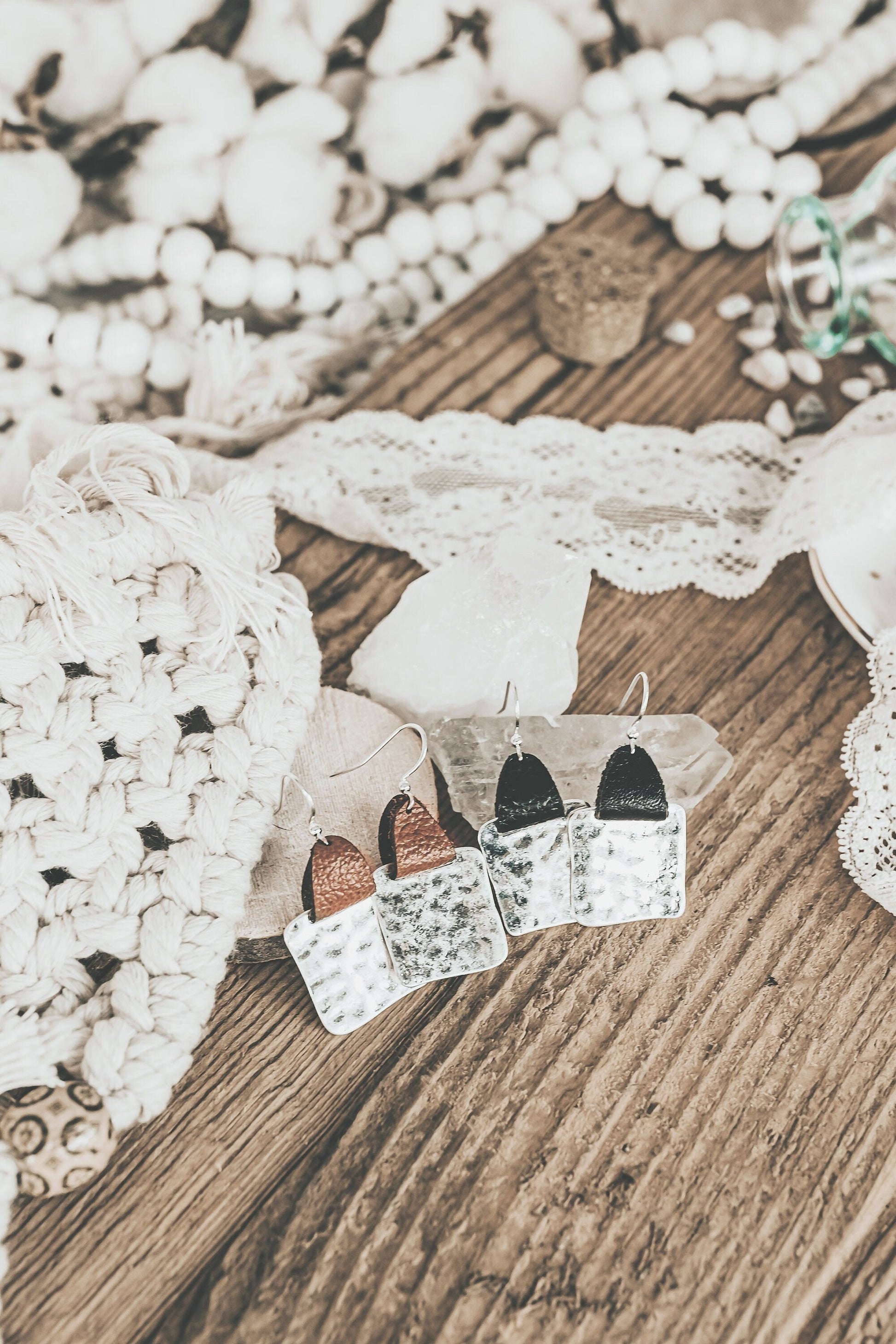 Mother's Day gift from kids, Leather strap Hammered square earrings,