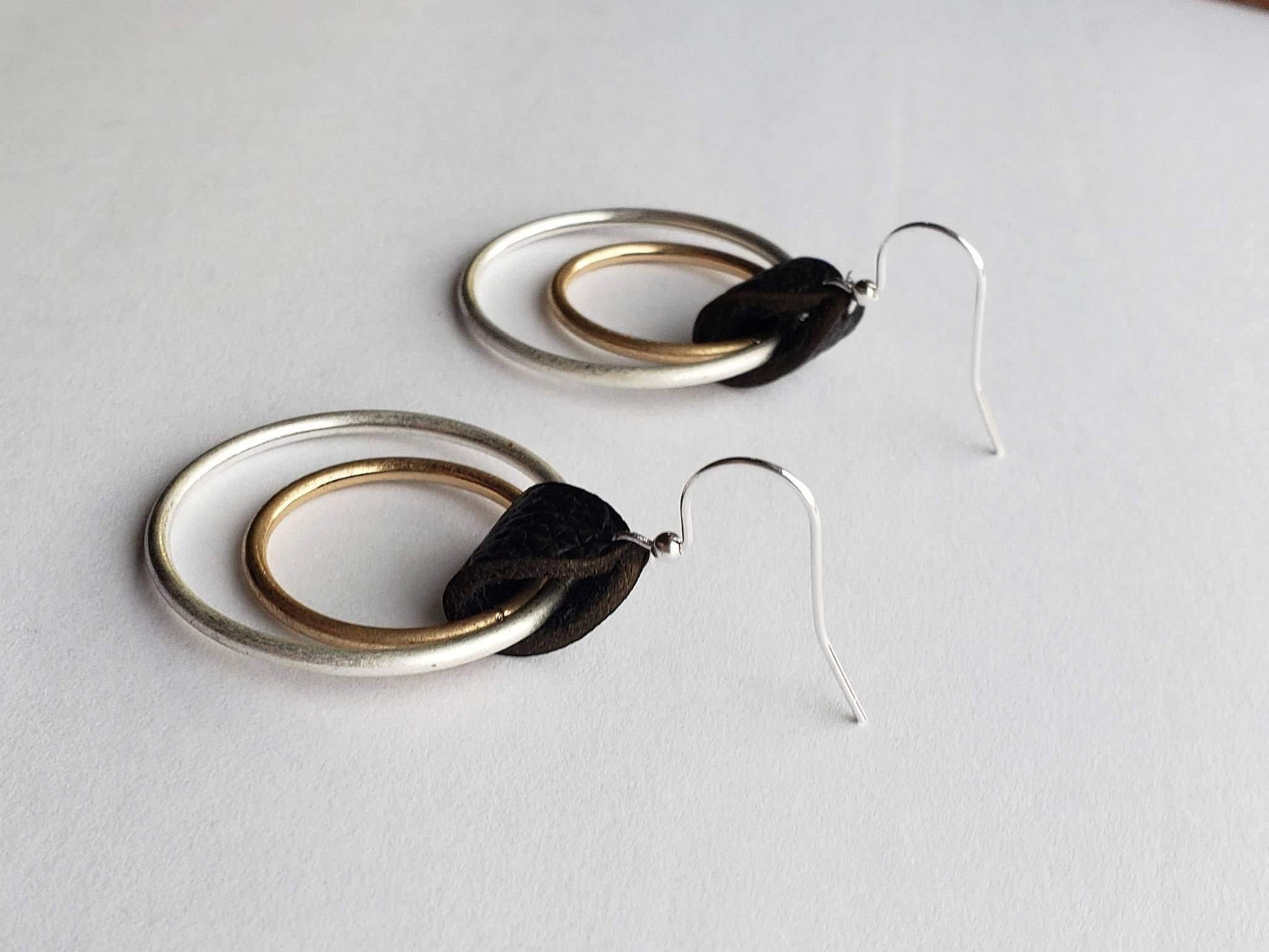 Leather Mixed metal hoop earrings, 21st birthday gift, bohemian hoop earring, Gift for friend