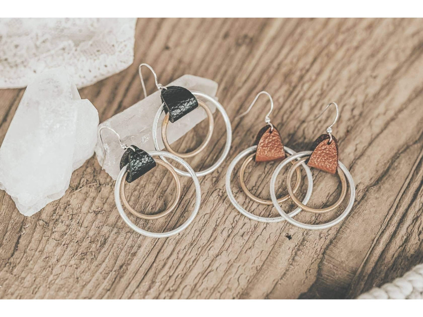 Leather Mixed metal hoop earrings, 21st birthday gift, bohemian hoop earring, Gift for friend