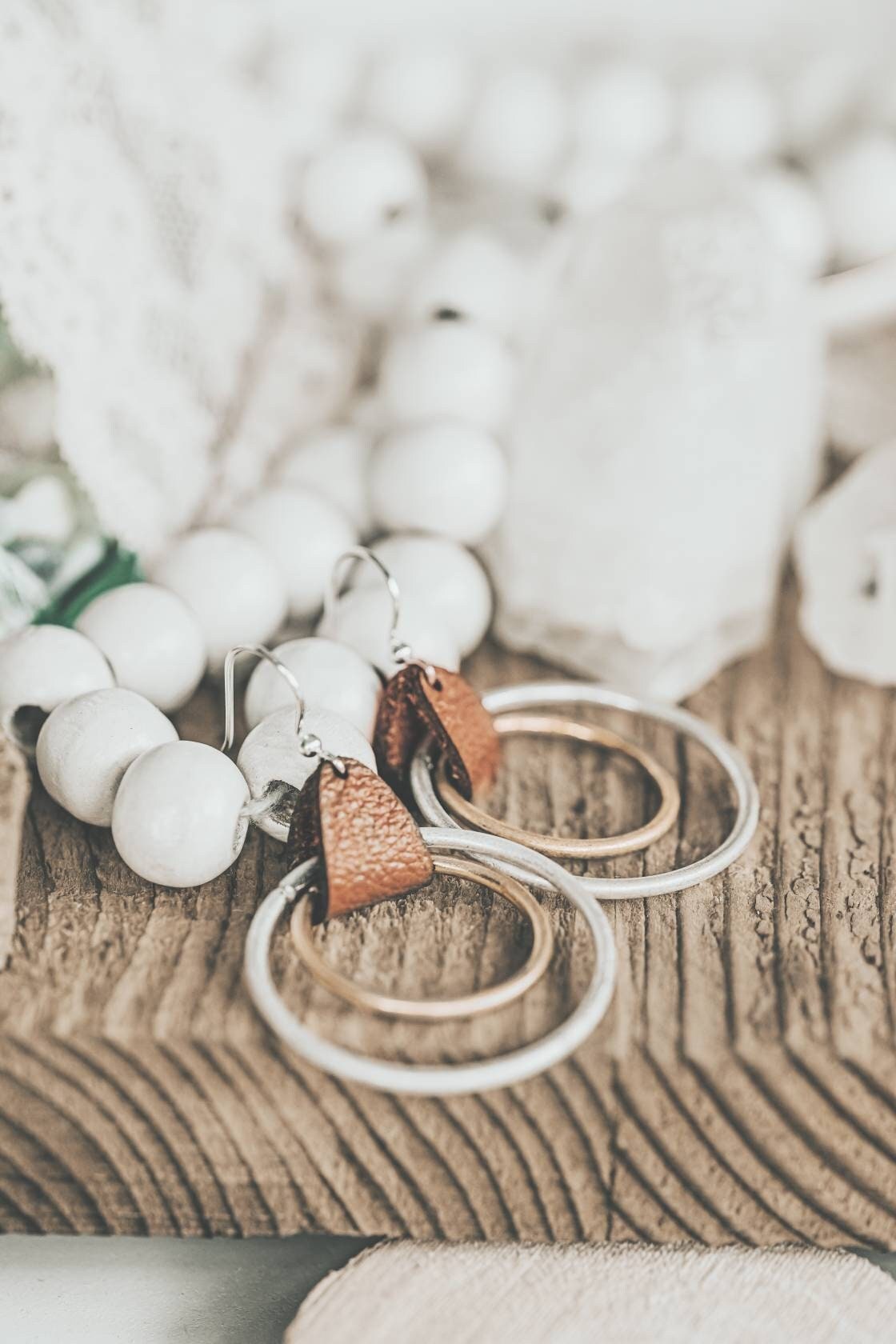 Leather hoop earrings, mixed metal hoop earring