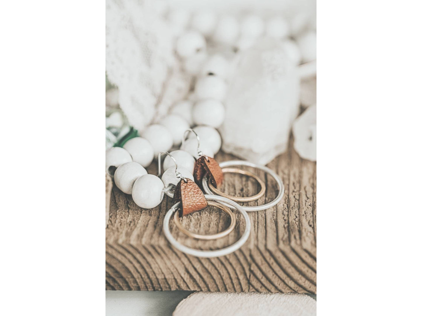 Leather hoop earrings, mixed metal hoop earring