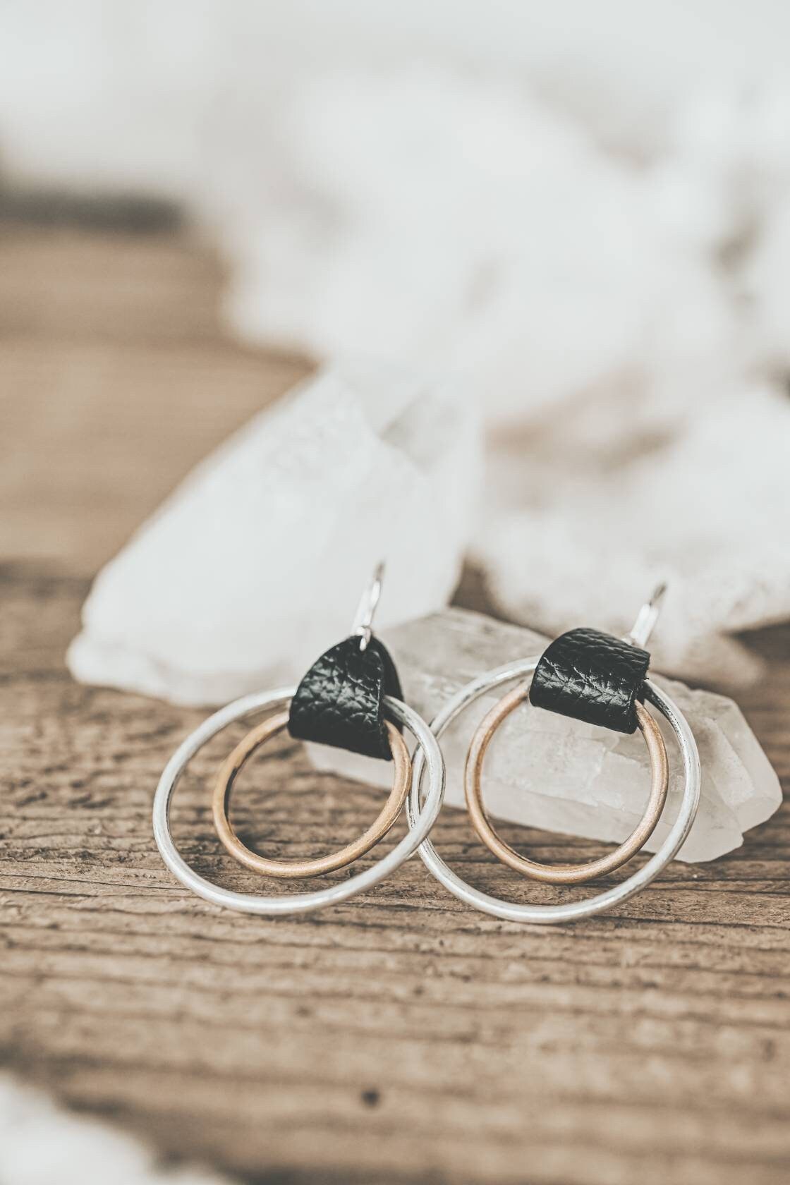 Leather hoop earrings, mixed metal hoop earring