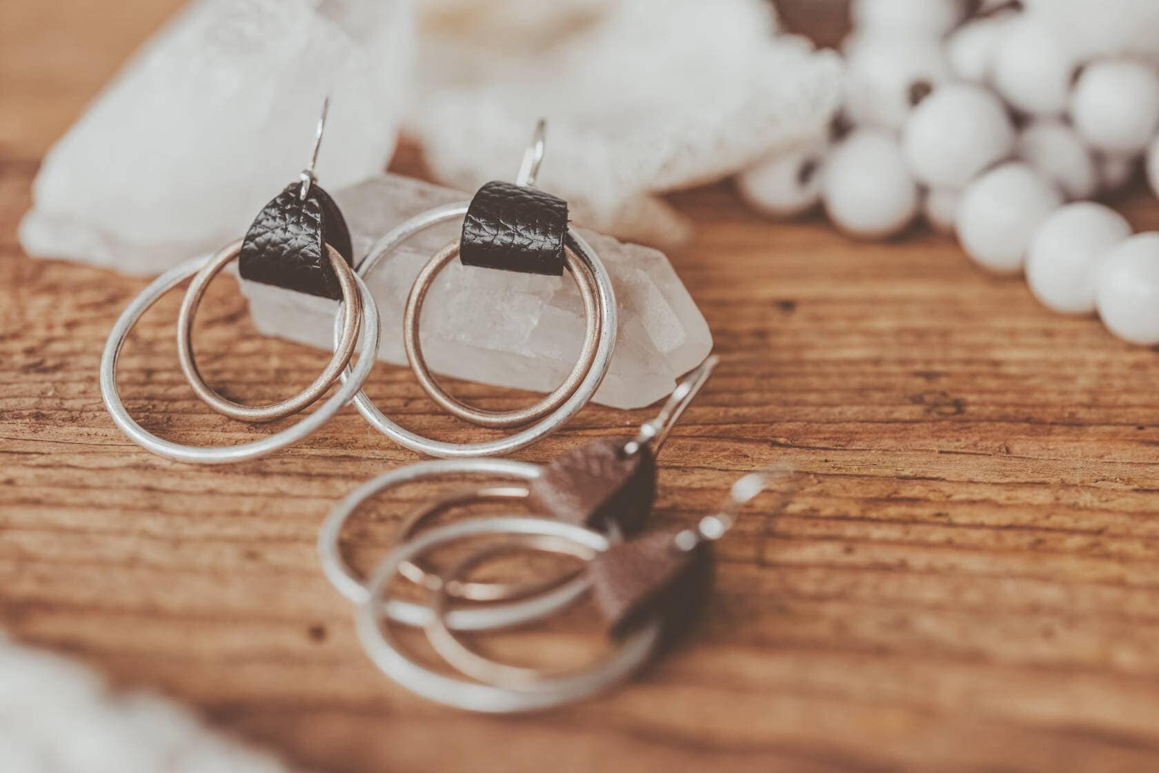 Mother&#39;s Day gift for mom, Hoop earrings, Boho Chic Leather ear drops,