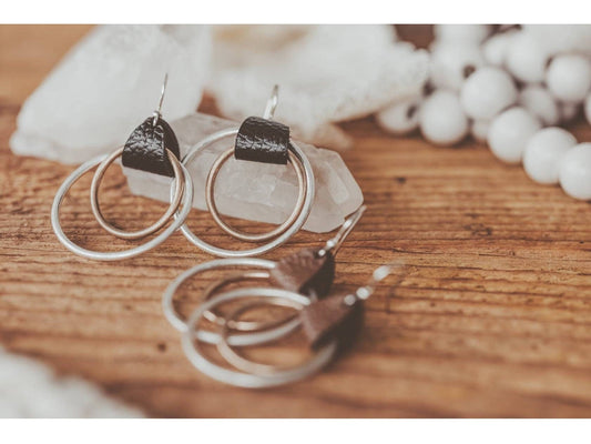 Double Hoop mixed metal leather Earrings, Mothers day gift