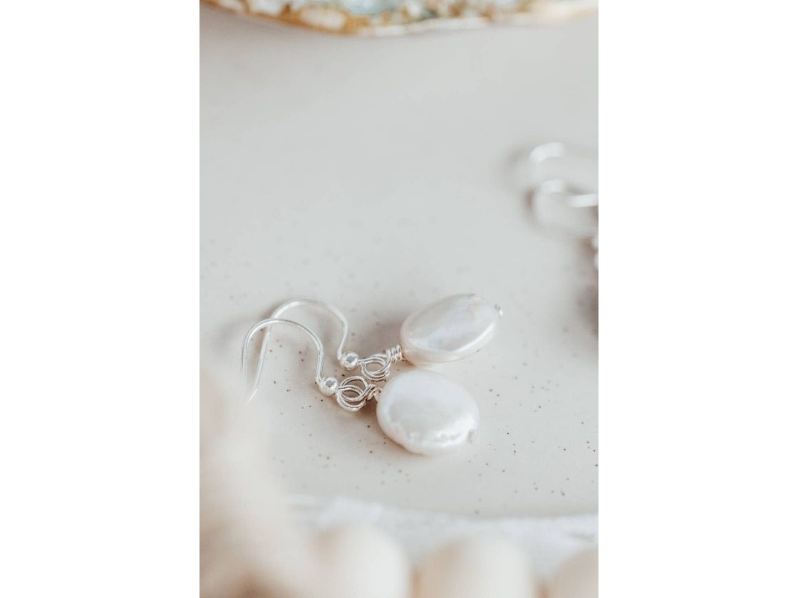 White coin pearl earrings, Bridal earrings