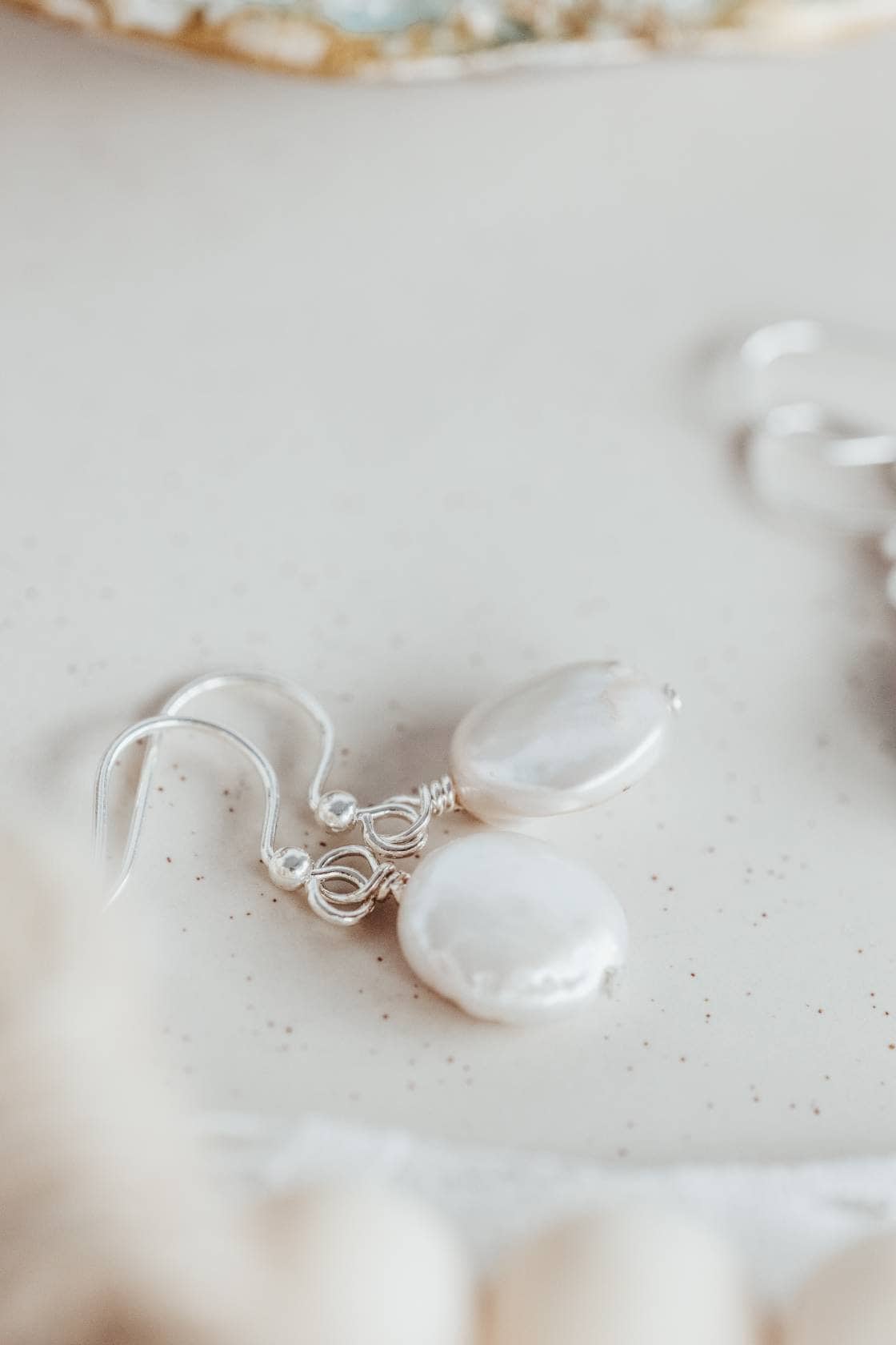 White coin pearl earrings, Bridal earrings
