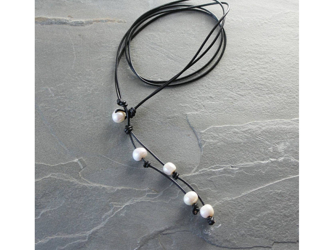 Leather pearl Lariat necklace, 3rd Anniversary gift, Bohemian jewelry