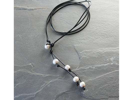 Leather pearl Lariat necklace, 3rd Anniversary gift, Bohemian jewelry