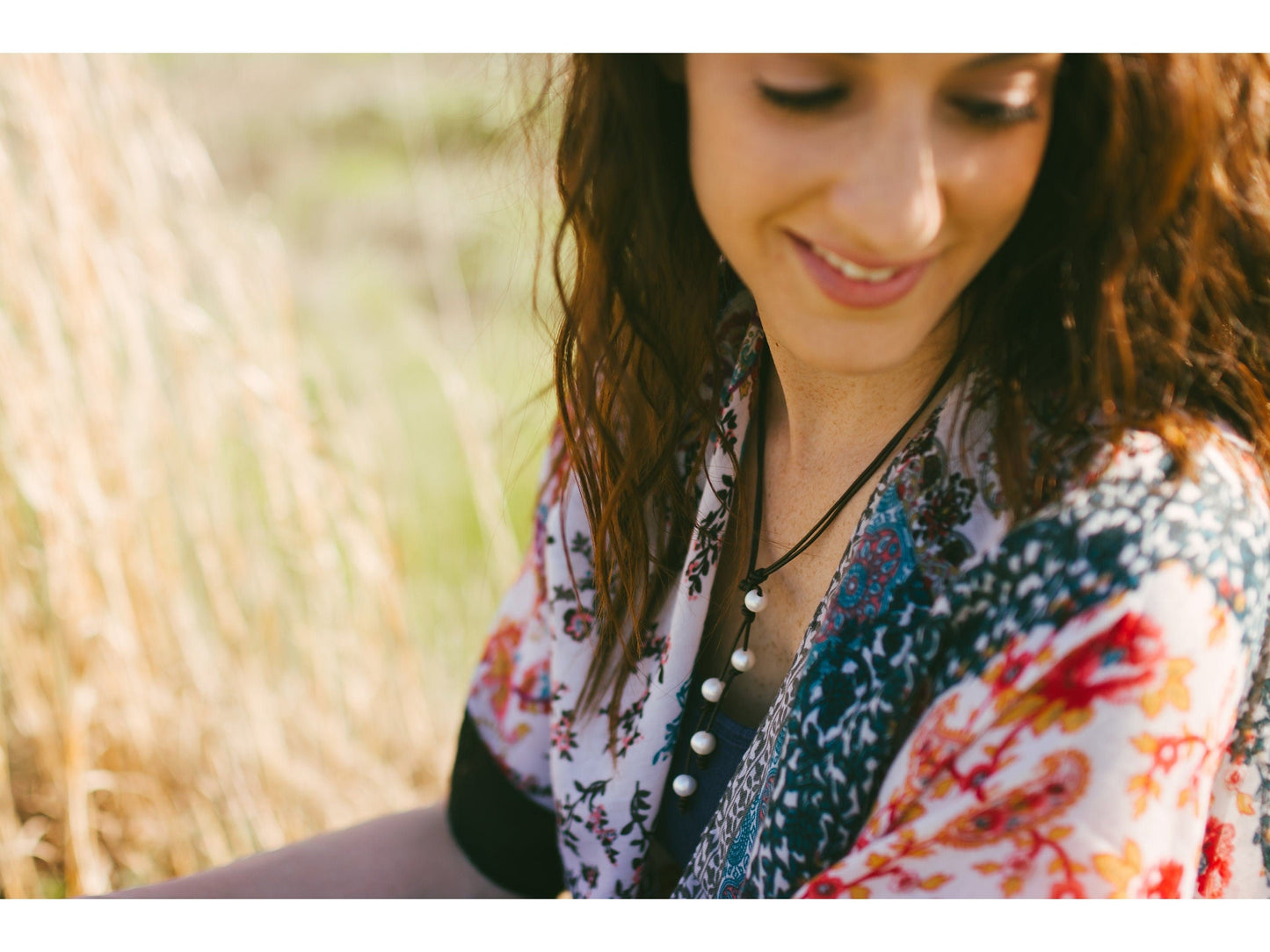 Leather pearl Lariat necklace, 3rd Anniversary gift, Bohemian jewelry