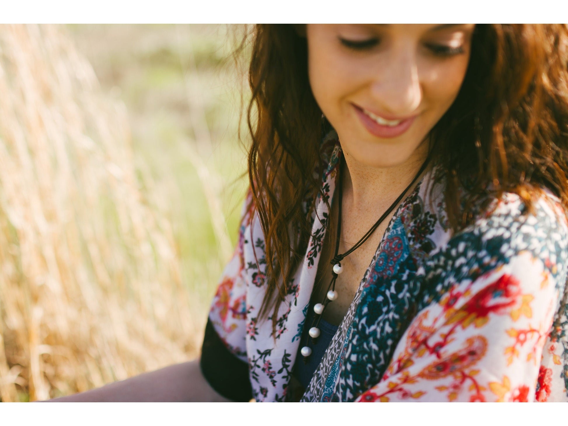 Leather pearl Lariat necklace, 3rd Anniversary gift, Bohemian jewelry