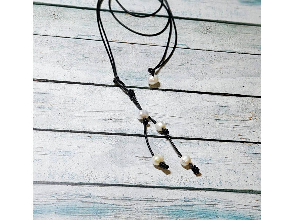 Leather pearl Lariat necklace, 3rd Anniversary gift, Bohemian jewelry