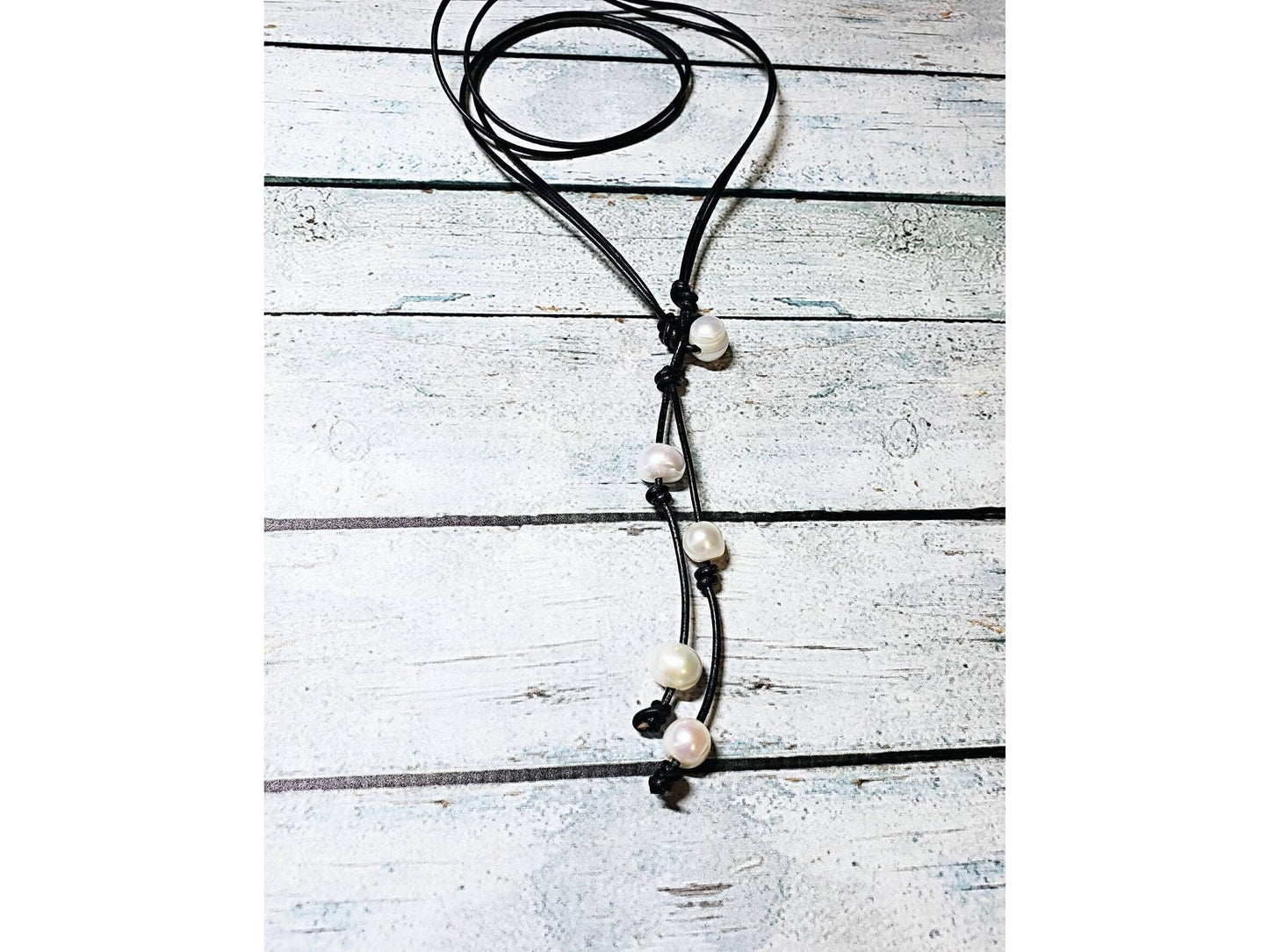 Leather pearl Lariat necklace, 3rd Anniversary gift, Bohemian jewelry