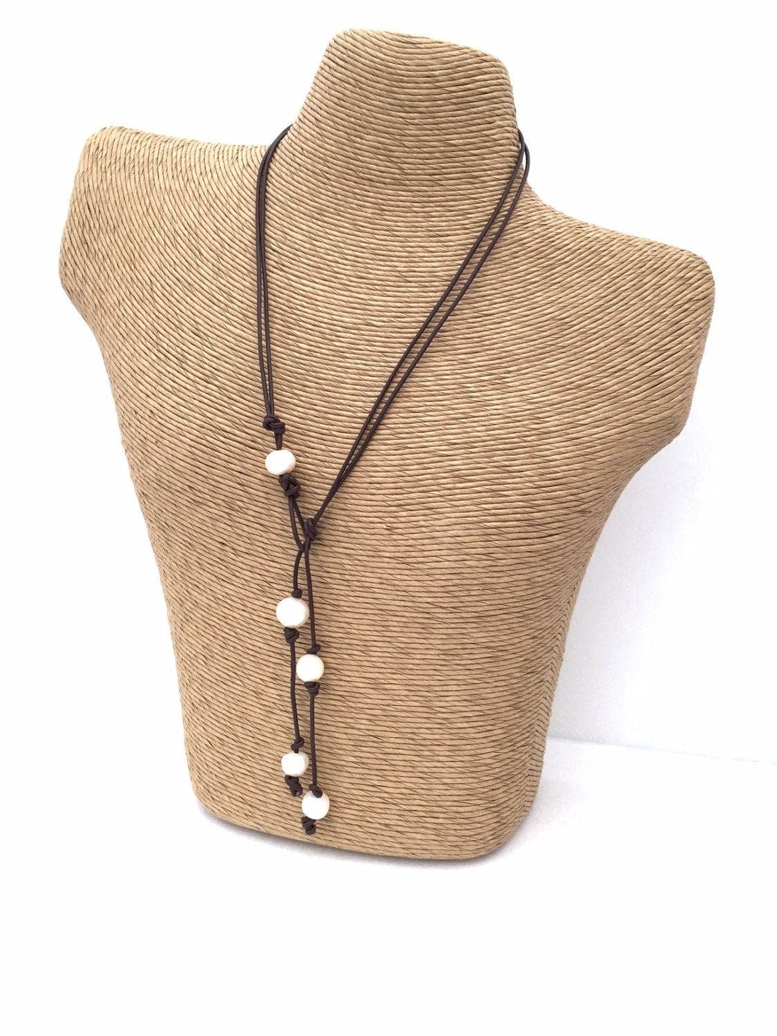 Pearl Y Lariat necklace, leather anniversary gift for woman