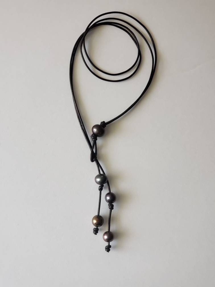 Pearl Y Lariat necklace, leather anniversary gift for woman