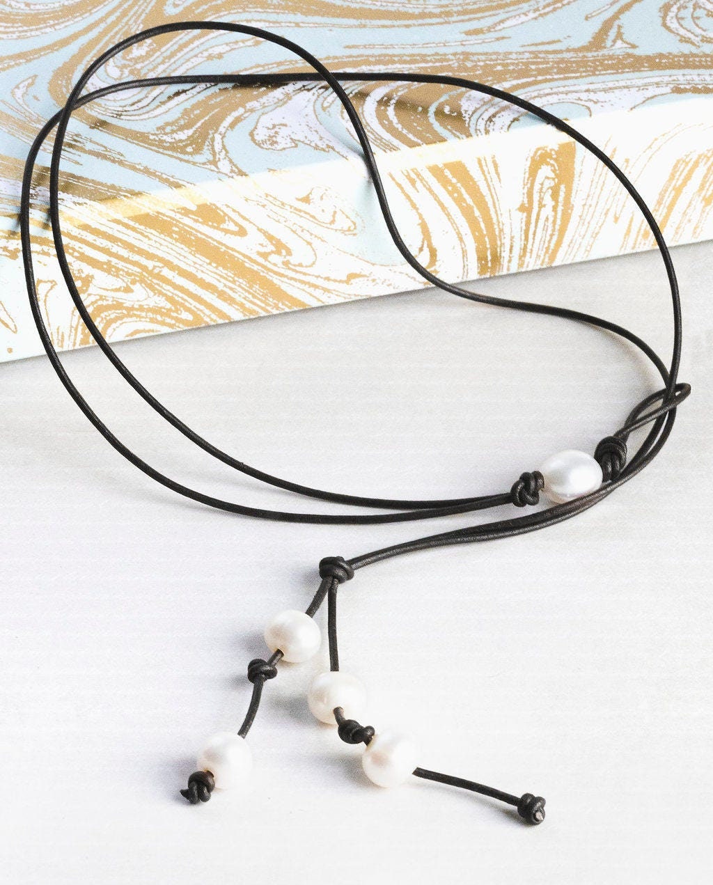Pearl Y Lariat necklace, leather anniversary gift for woman