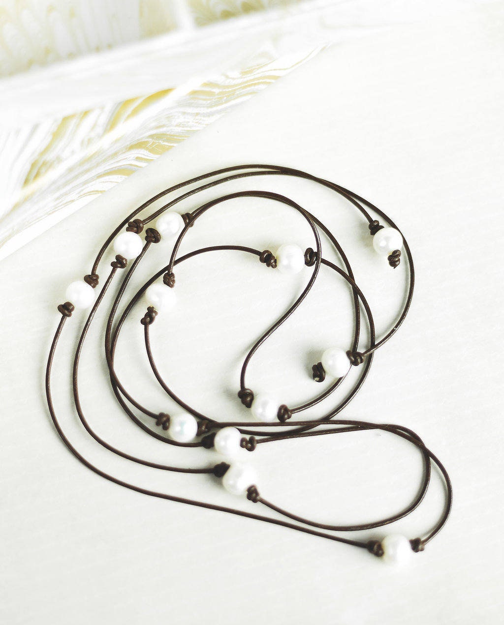 Pearl leather wrap necklace bracelet, Bohemian jewelry, Mother's Day Gift