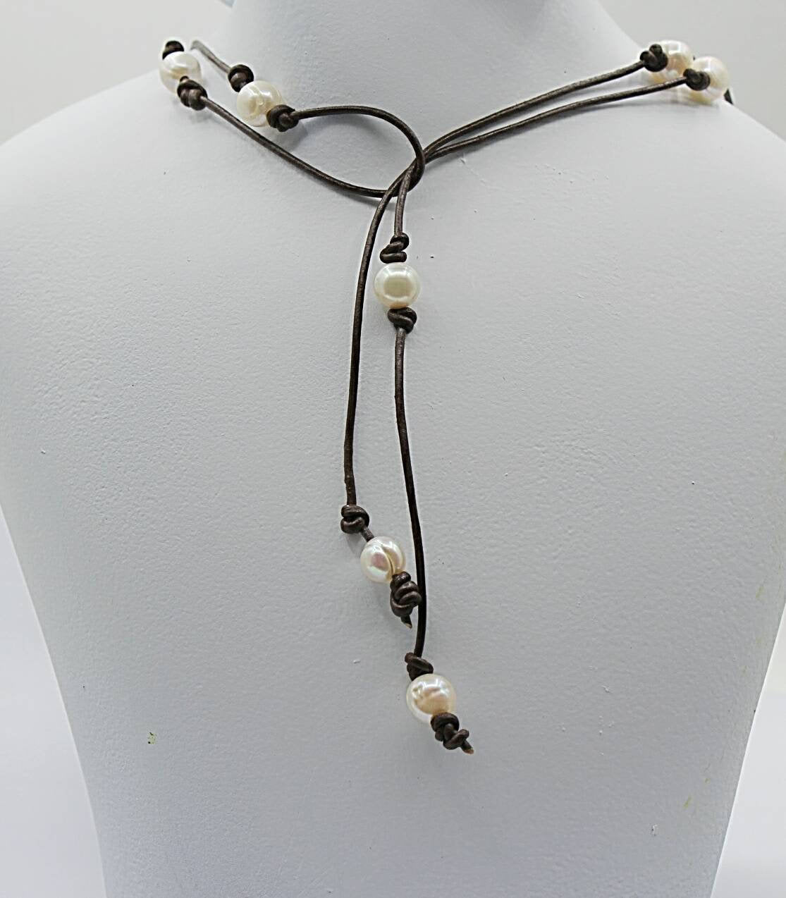 Pearl leather wrap necklace bracelet, Bohemian jewelry, Mother's Day Gift