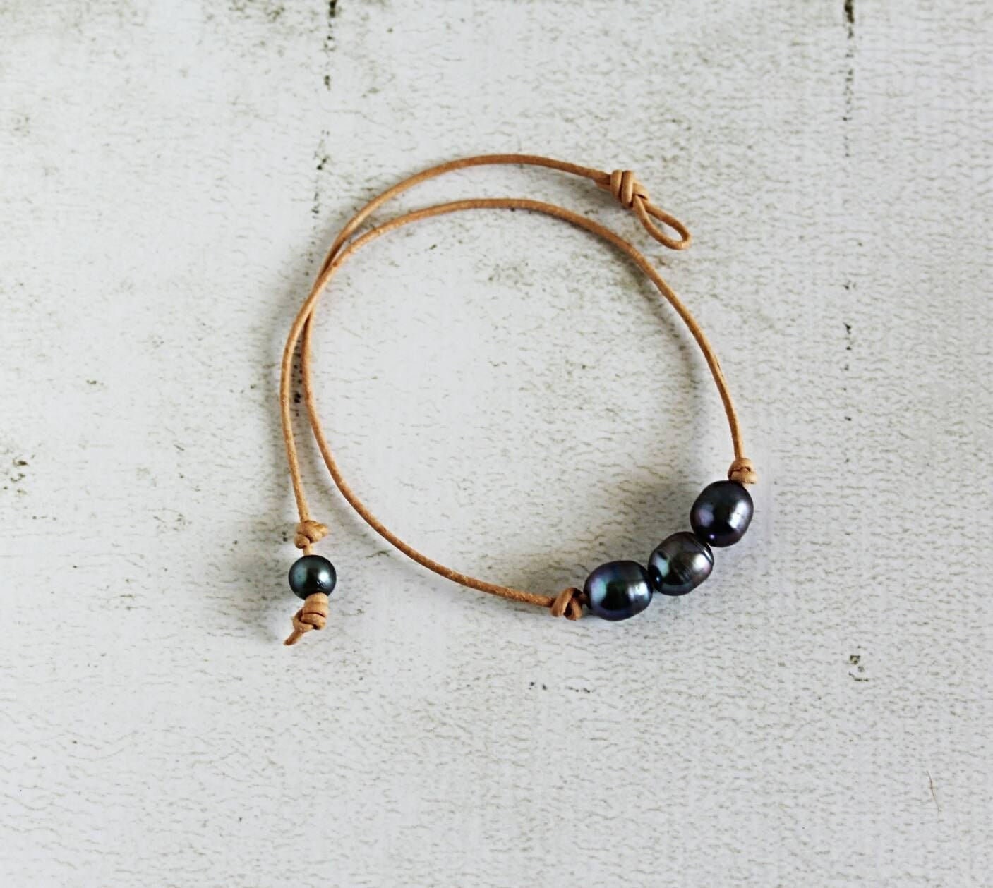 Leather pearl necklace, 3 freshwater pearls on leather cord, 3rd anniversary gift