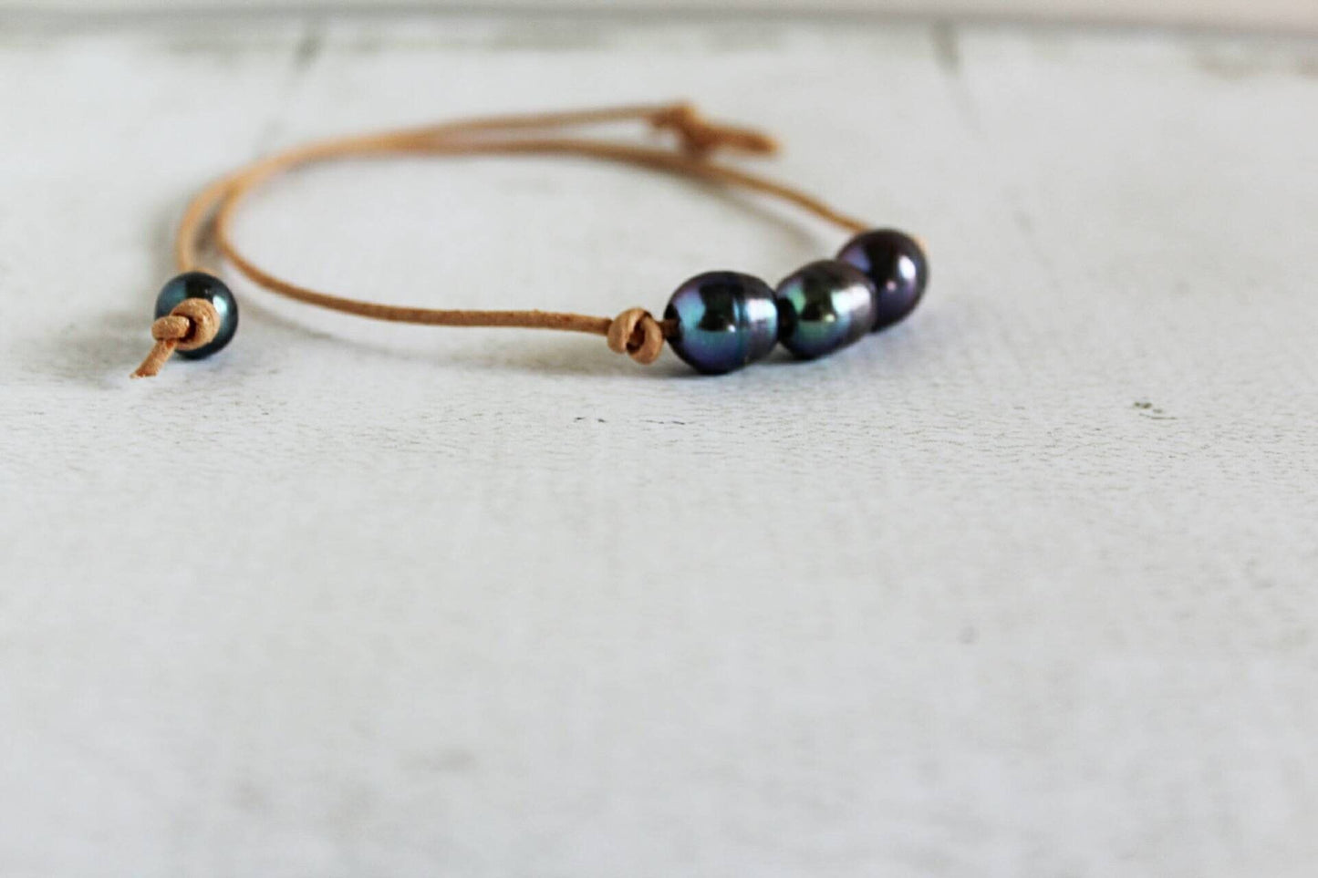 Leather pearl necklace, 3 freshwater pearls on leather cord, 3rd anniversary gift
