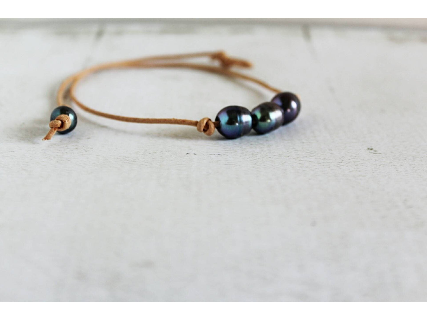 Leather pearl necklace, 3 freshwater pearls on leather cord, 3rd anniversary gift