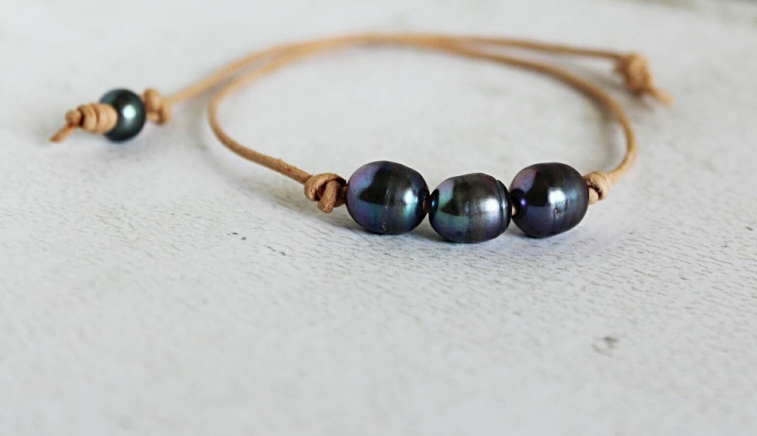 Leather pearl necklace, 3 freshwater pearls on leather cord, 3rd anniversary gift