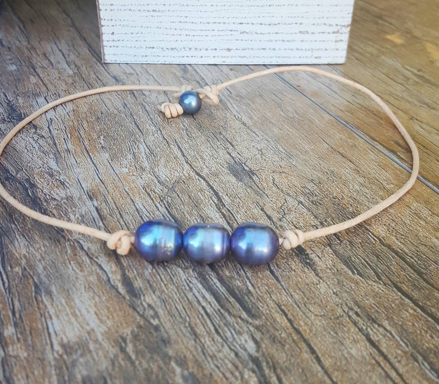 Leather pearl necklace, 3 freshwater pearls on leather cord, 3rd anniversary gift