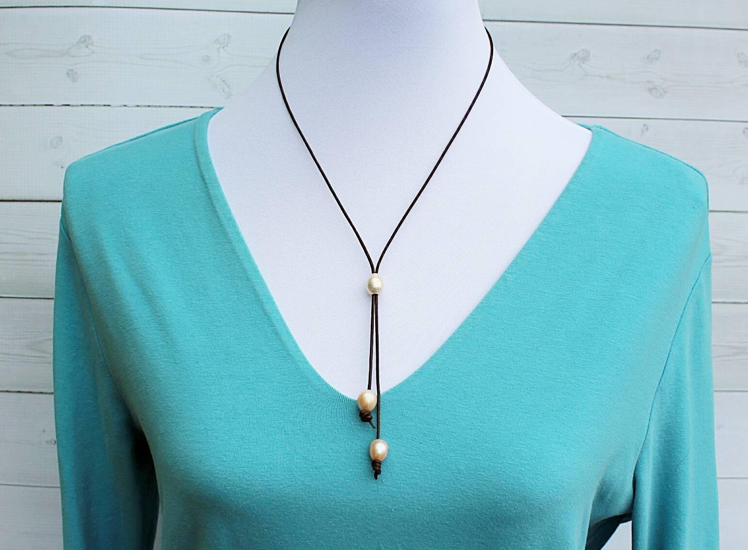 Leather Pearl Lariat Necklace, June Pearl Birthstone, Mother&#39;s day Gift for Her Under 40.00,