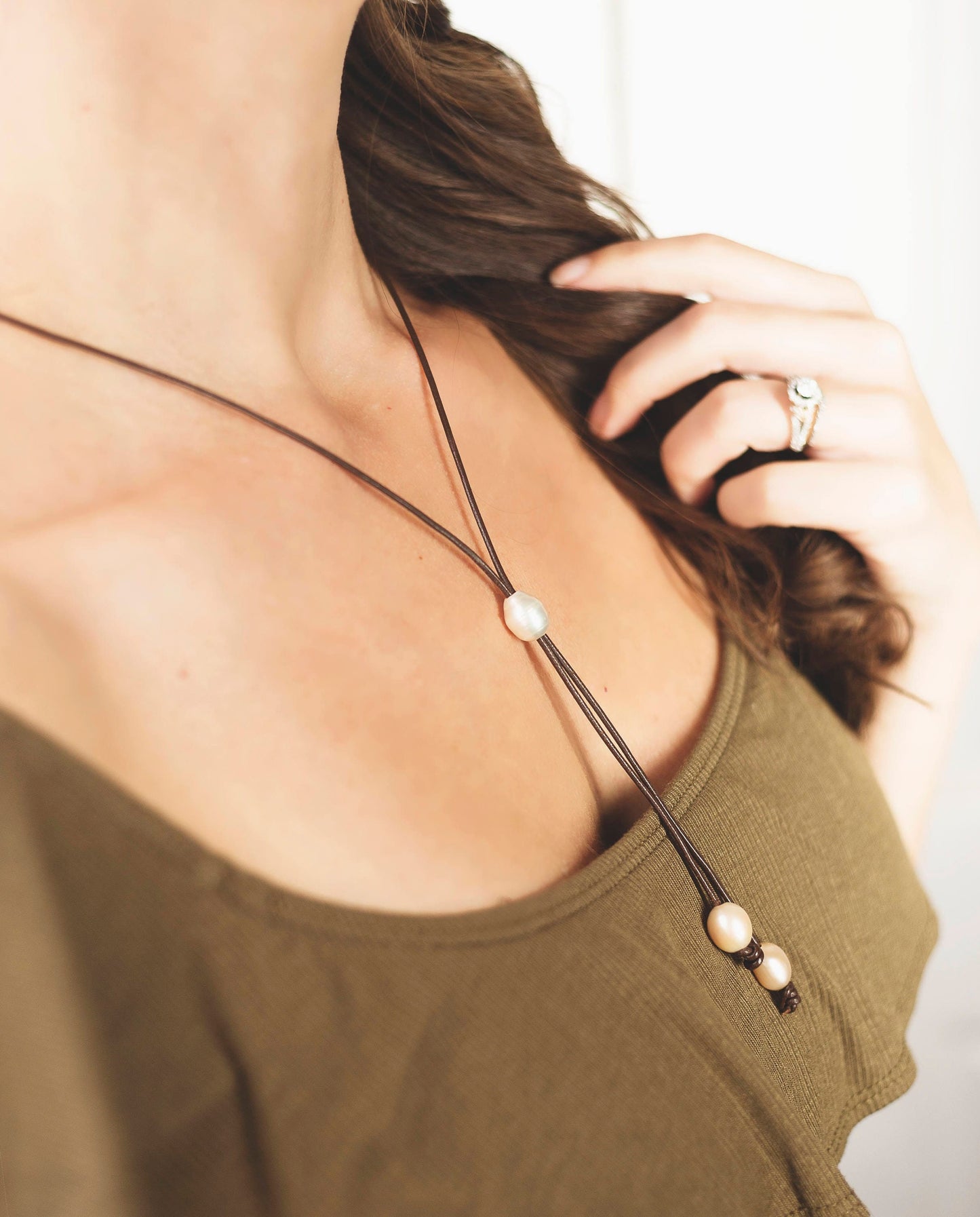 Leather Pearl Lariat Necklace, June Pearl Birthstone, Mother&#39;s day Gift for Her Under 40.00,