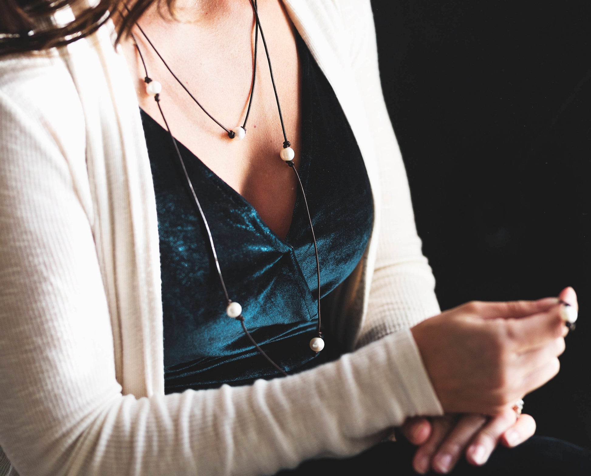 Long Leather Pearl wrap necklace,  3rd anniversary gift for women