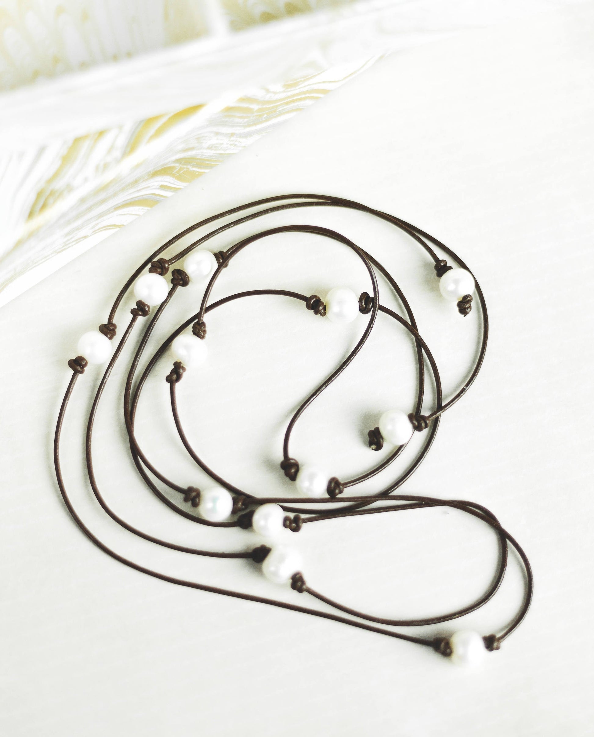 Long Leather Pearl wrap necklace,  3rd anniversary gift for women