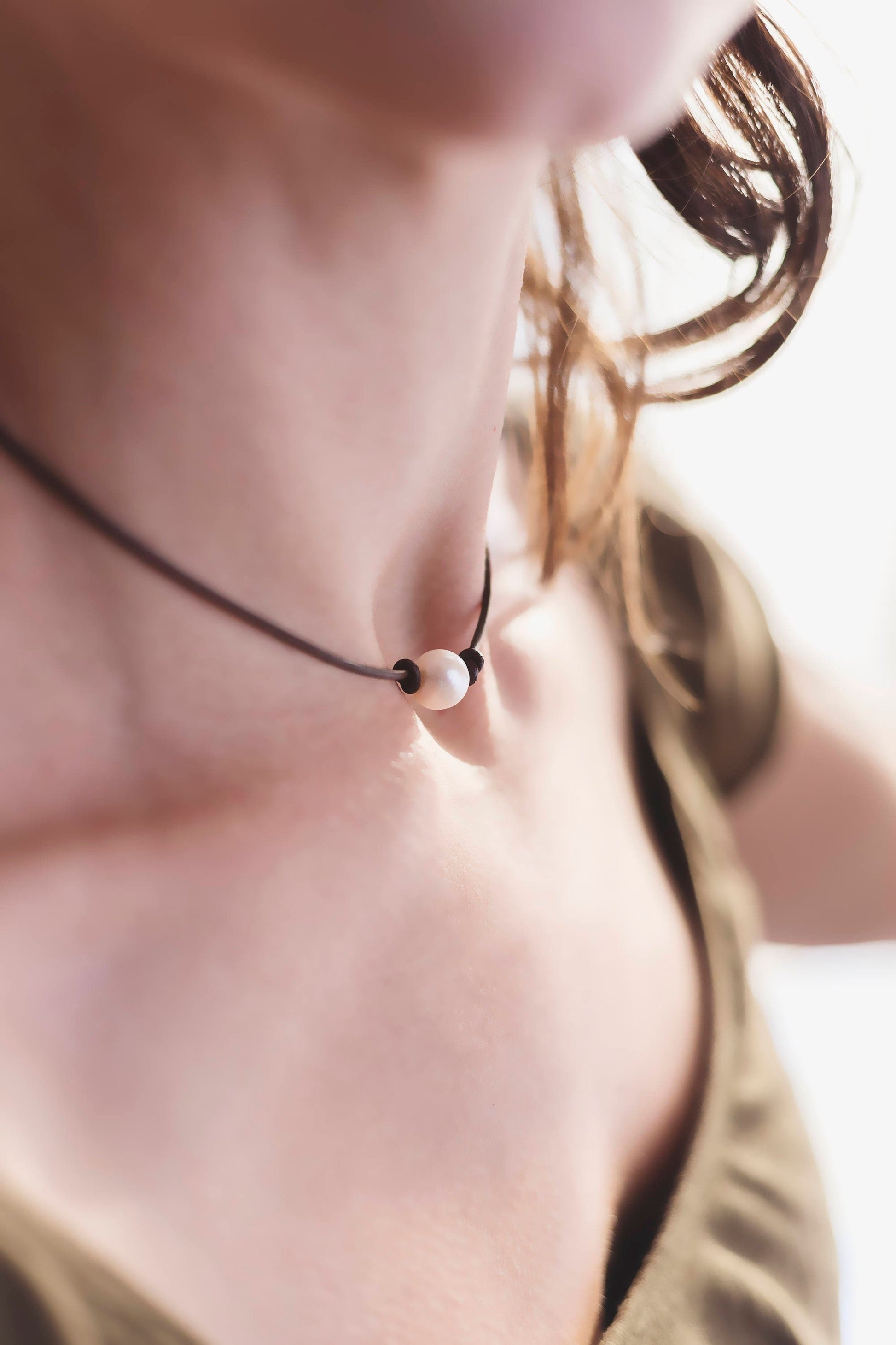 Single Pearl Leather choker necklace, White Pearl necklace