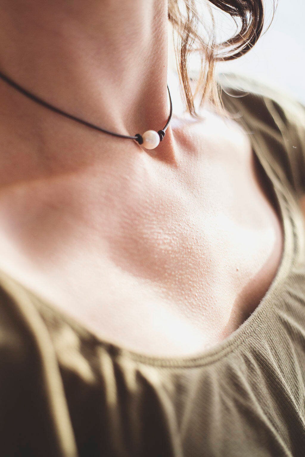 Single Pearl Leather choker necklace, White Pearl necklace