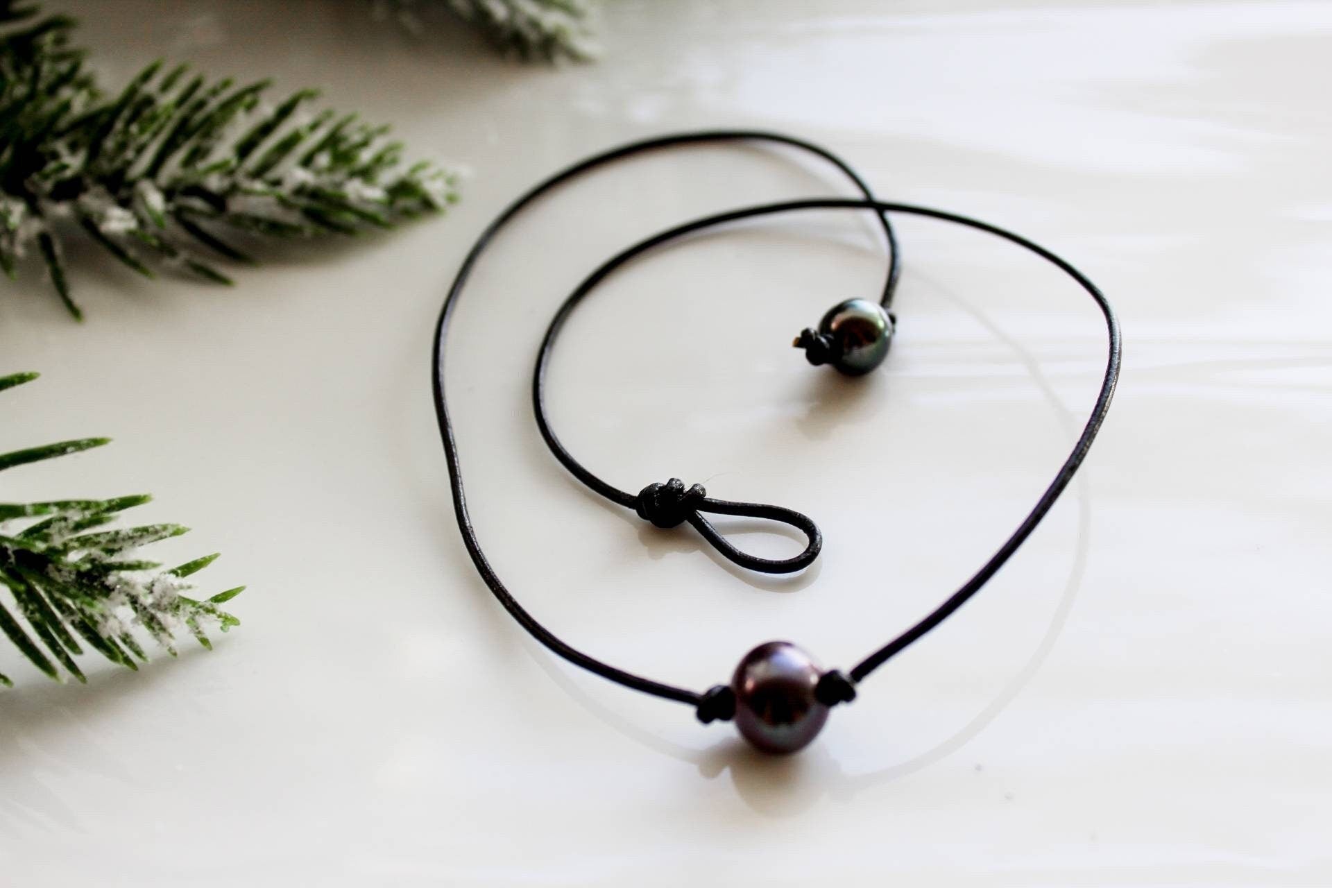 Single Pearl Leather choker necklace, White Pearl necklace