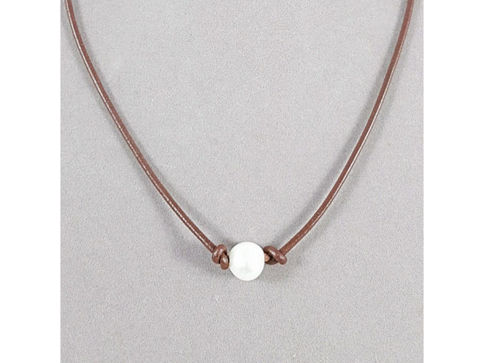 Single Pearl Leather choker necklace, White Pearl necklace