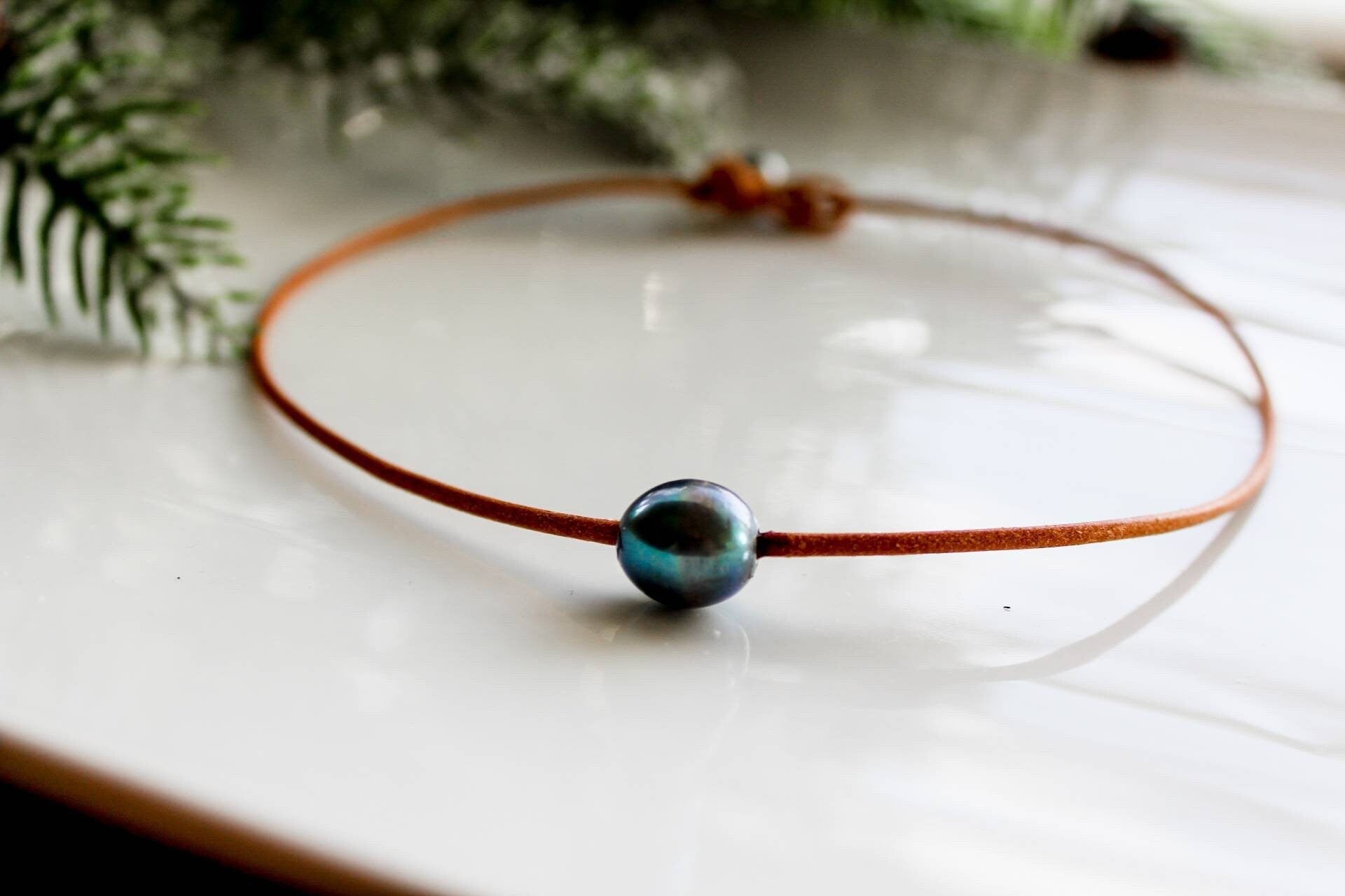 Single Pearl Leather choker necklace, White Pearl necklace