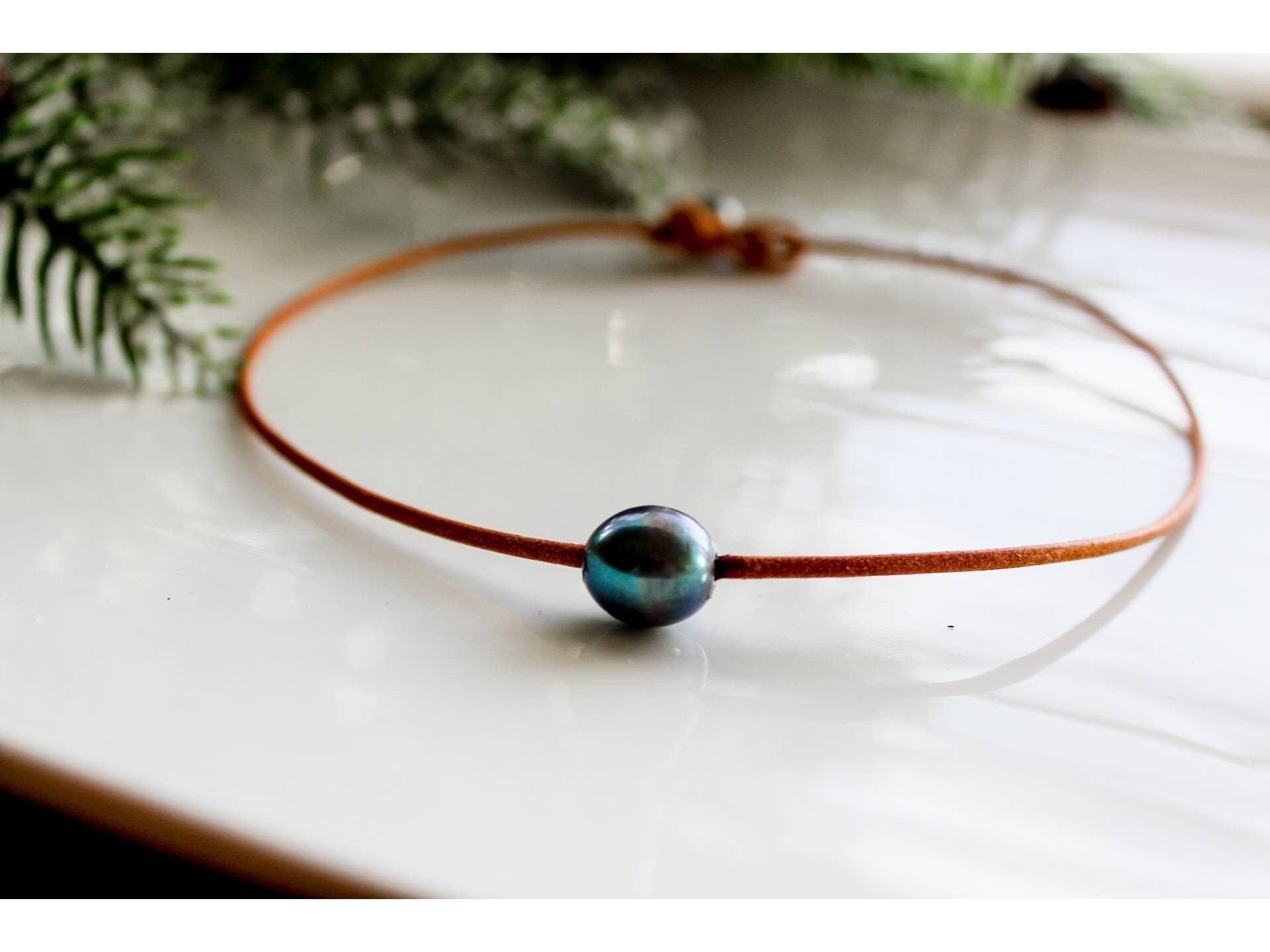 Single Pearl Leather choker necklace, White Pearl necklace