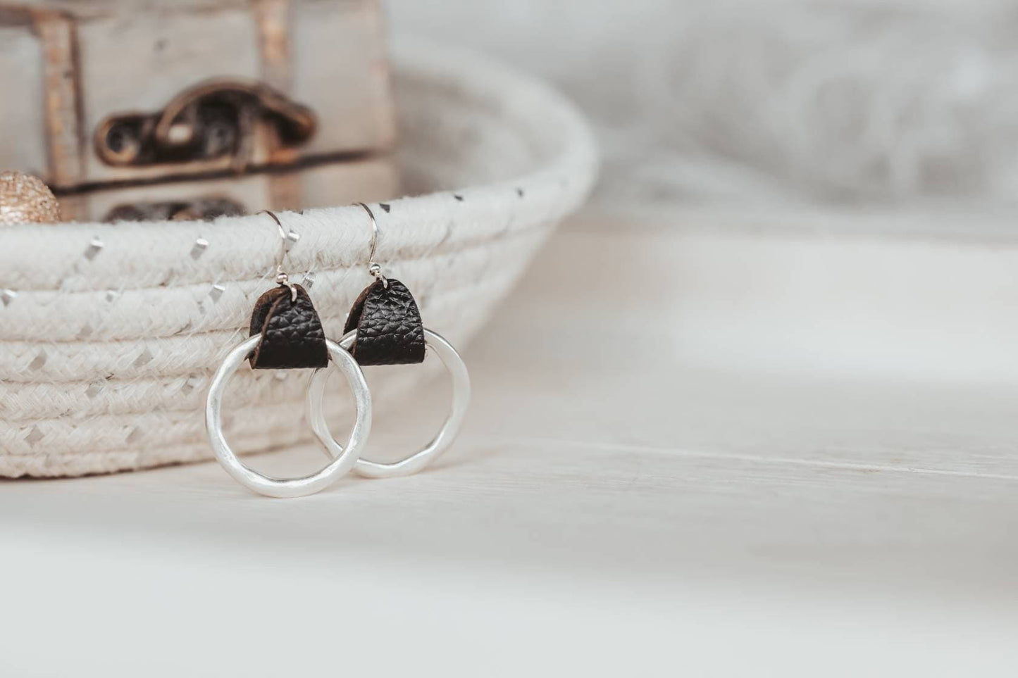 Bohemian Leather hoop earrings, 3rd anniversary gift of leather for wife,