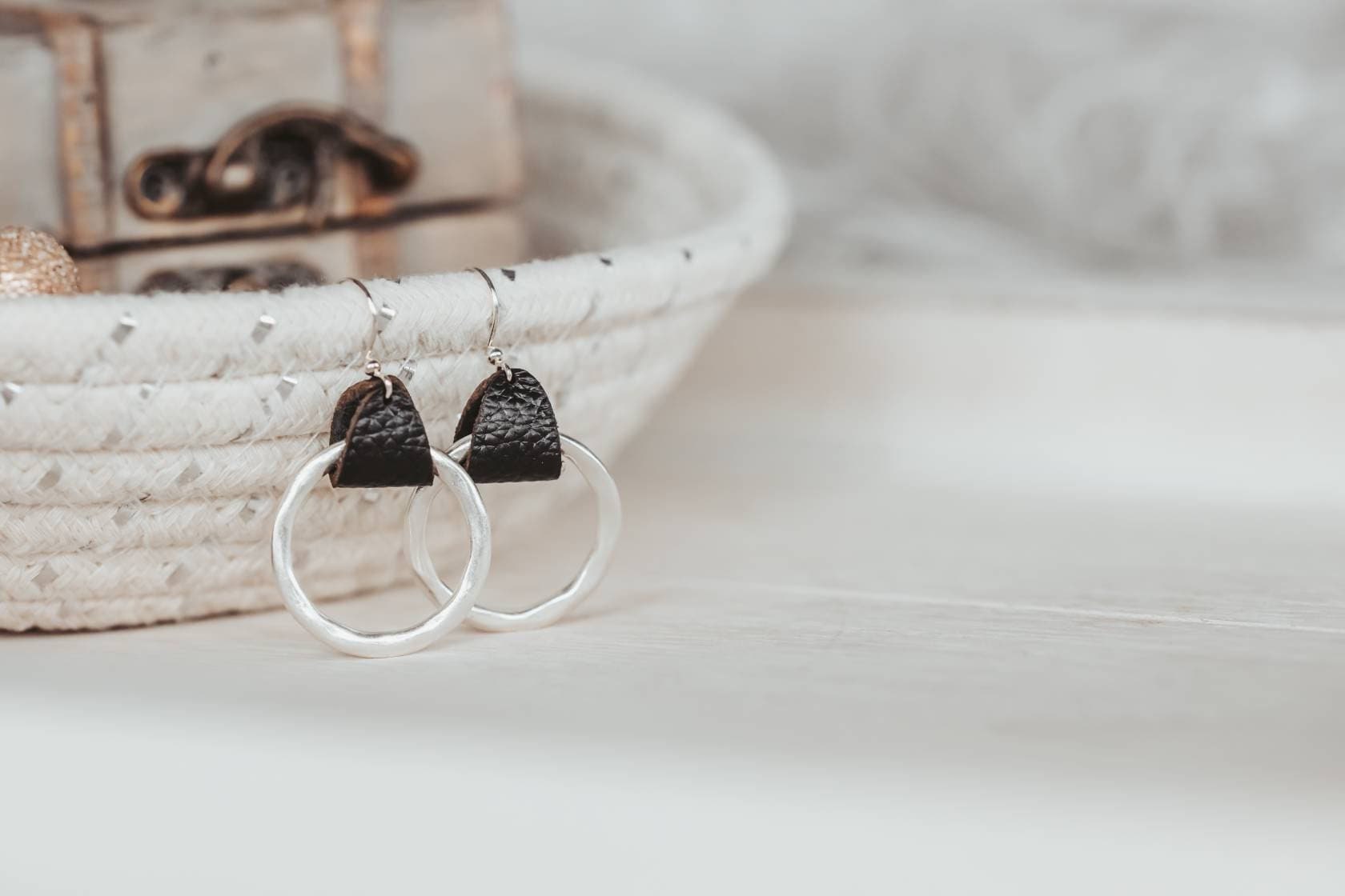 Bohemian Leather hoop earrings, 3rd anniversary gift of leather for wife,