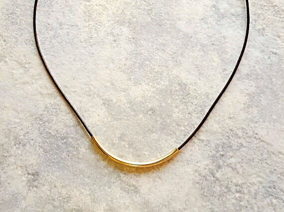 Leather Curved Tube Necklace, Gold tube, Rose Gold Tube or Silver tube choker, Unisex jewelry