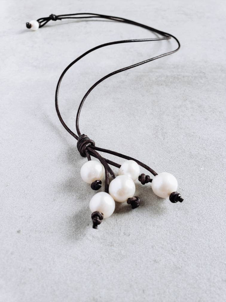 Pearl Leather Waterfall Necklace, 3rd Leather Anniversary Gift for Her, Pearl Lariat