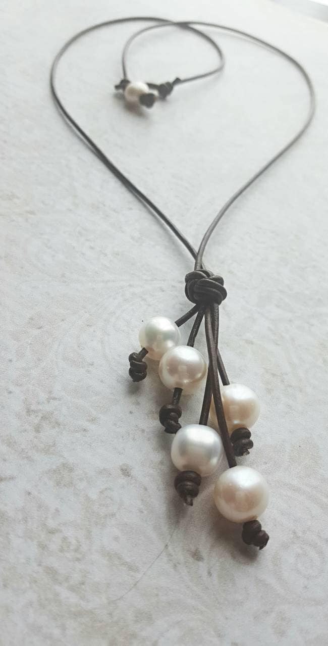 Pearl Leather Waterfall Necklace, 3rd Leather Anniversary Gift for Her, Pearl Lariat