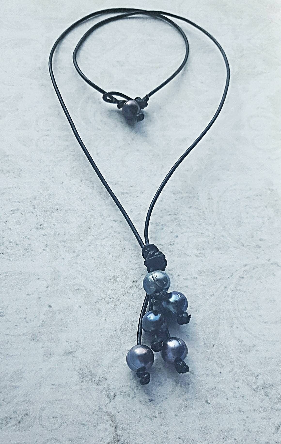 Pearl Leather Waterfall Necklace, 3rd Leather Anniversary Gift for Her, Pearl Lariat