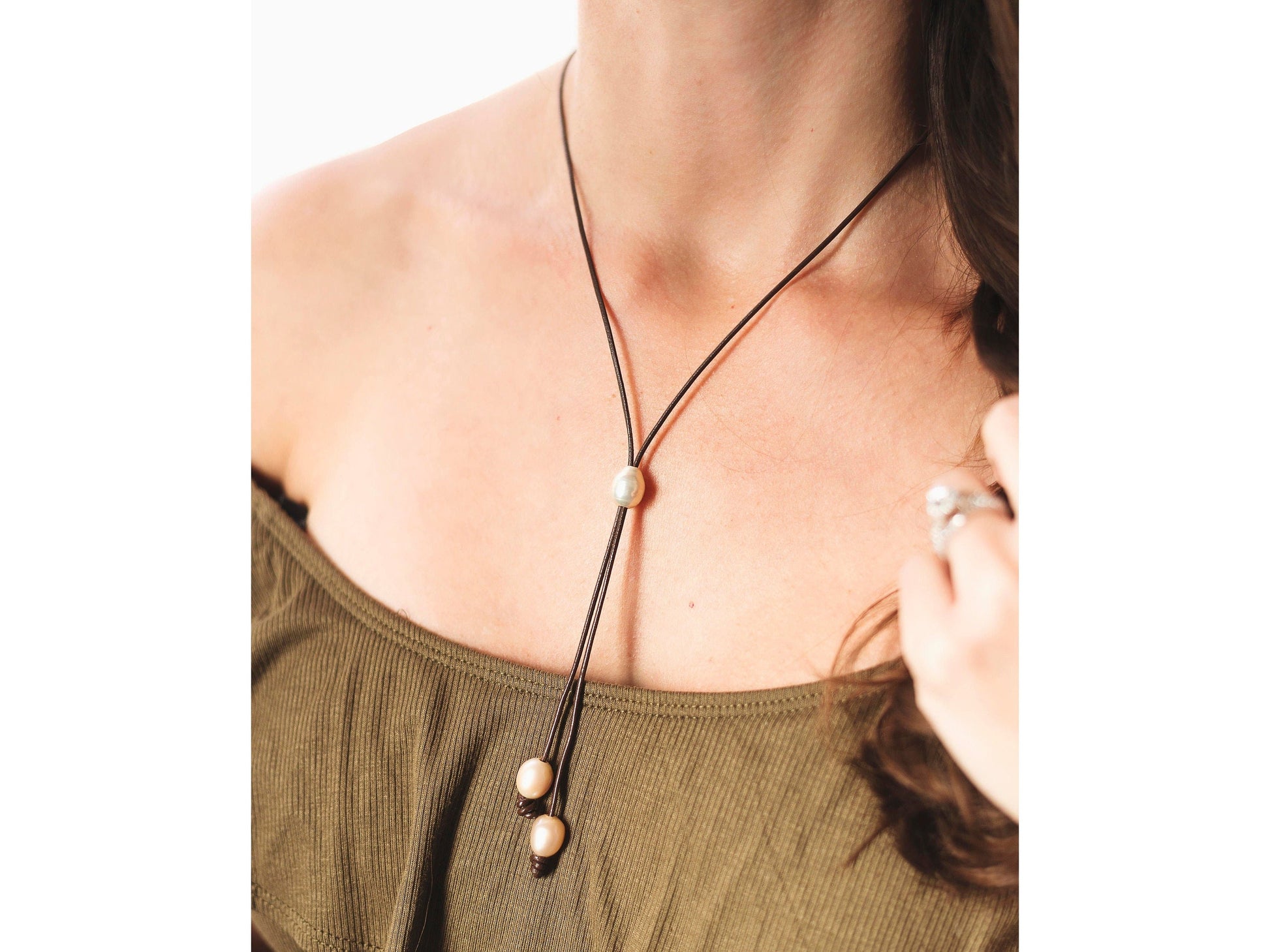 Valentine Day gift for wife, Leather pearl lariat slide necklace,