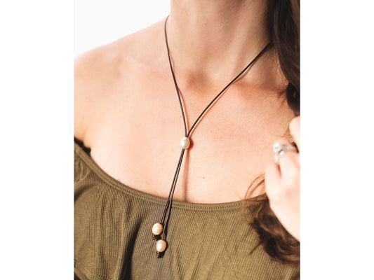 Valentine Day gift for wife, Leather pearl lariat slide necklace,