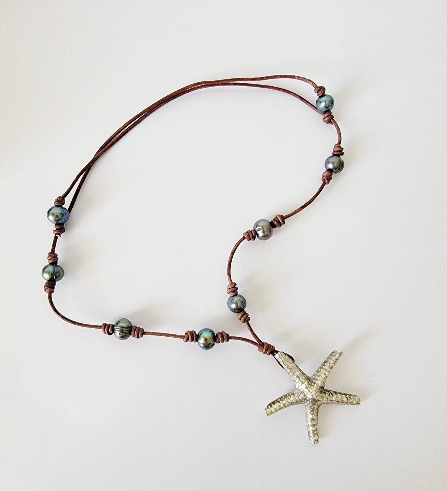 Leather Pearl Sterling Thai Silver Starfish adjustable necklace, Sea Star necklace, One of a kind pearl necklace